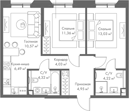 Планировка — МИРА, 3-комн., 59 м²
