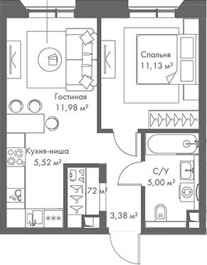 Планировка — МИРА, 2-комн., 39 м²