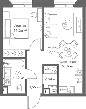 Планировка — МИРА, 2-комн., 39 м²