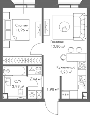 Планировка — МИРА, 2-комн., 39 м²