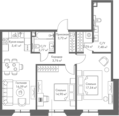Планировка — МИРА, 3-комн., 76 м²