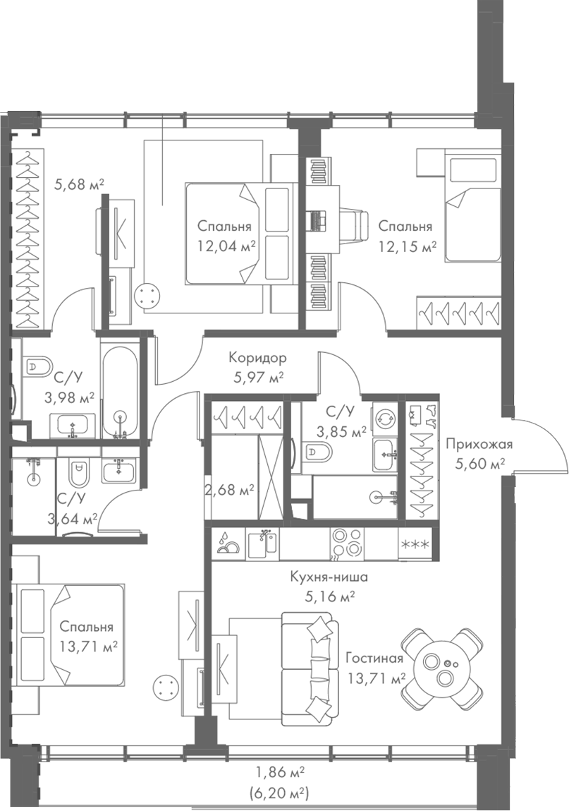 Планировка — МИРА, 4-комн., 88 м²