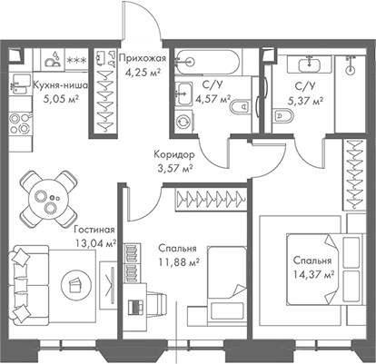 Планировка — МИРА, 3-комн., 62 м²