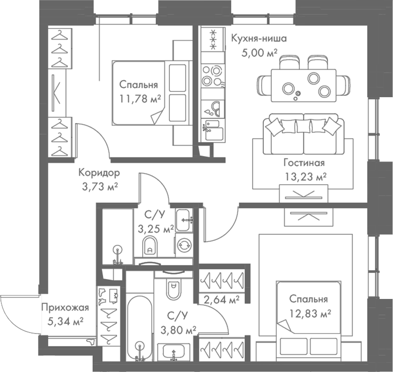 Планировка — МИРА, 3-комн., 62 м²
