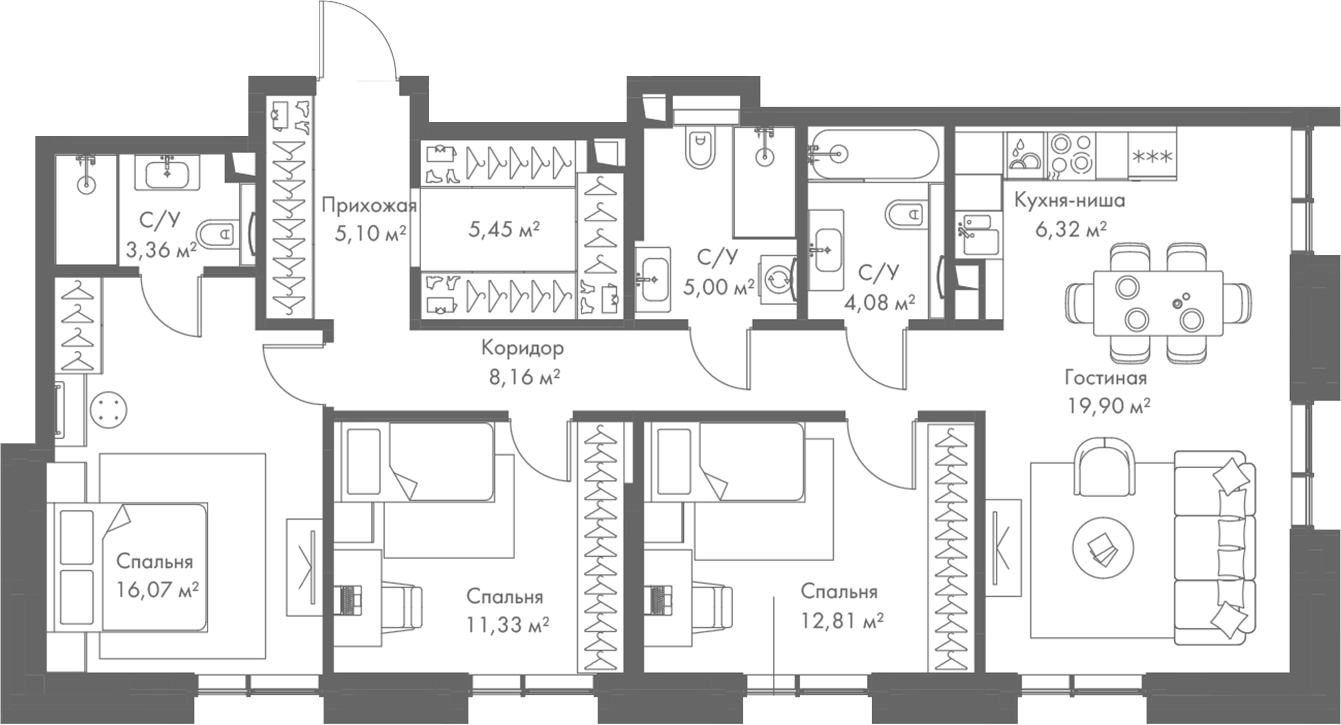 Планировка — МИРА, 4-комн., 98 м²