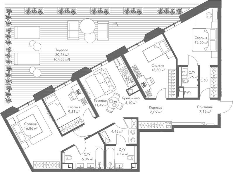 Планировка — МИРА, 5-комн., 105 м²