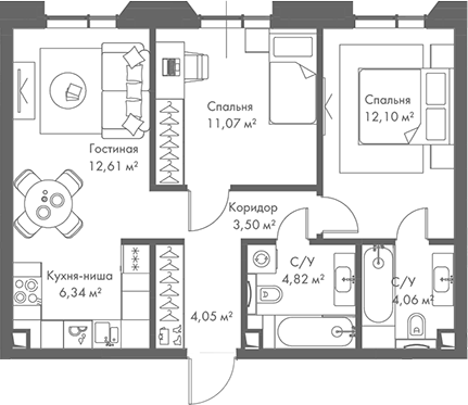 Планировка — МИРА, 3-комн., 59 м²