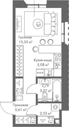 Планировка — МИРА, Студия, 30 м²