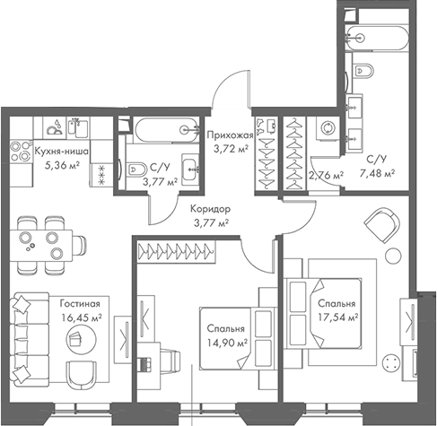 Планировка — МИРА, 3-комн., 76 м²