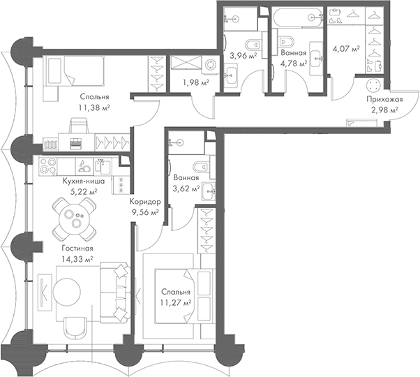 Планировка — МИРА, 3-комн., 73 м²