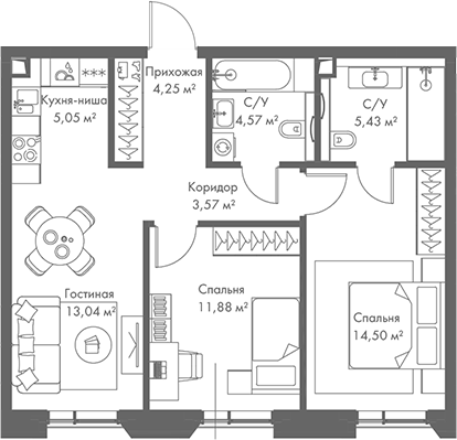 Планировка — МИРА, 3-комн., 62 м²
