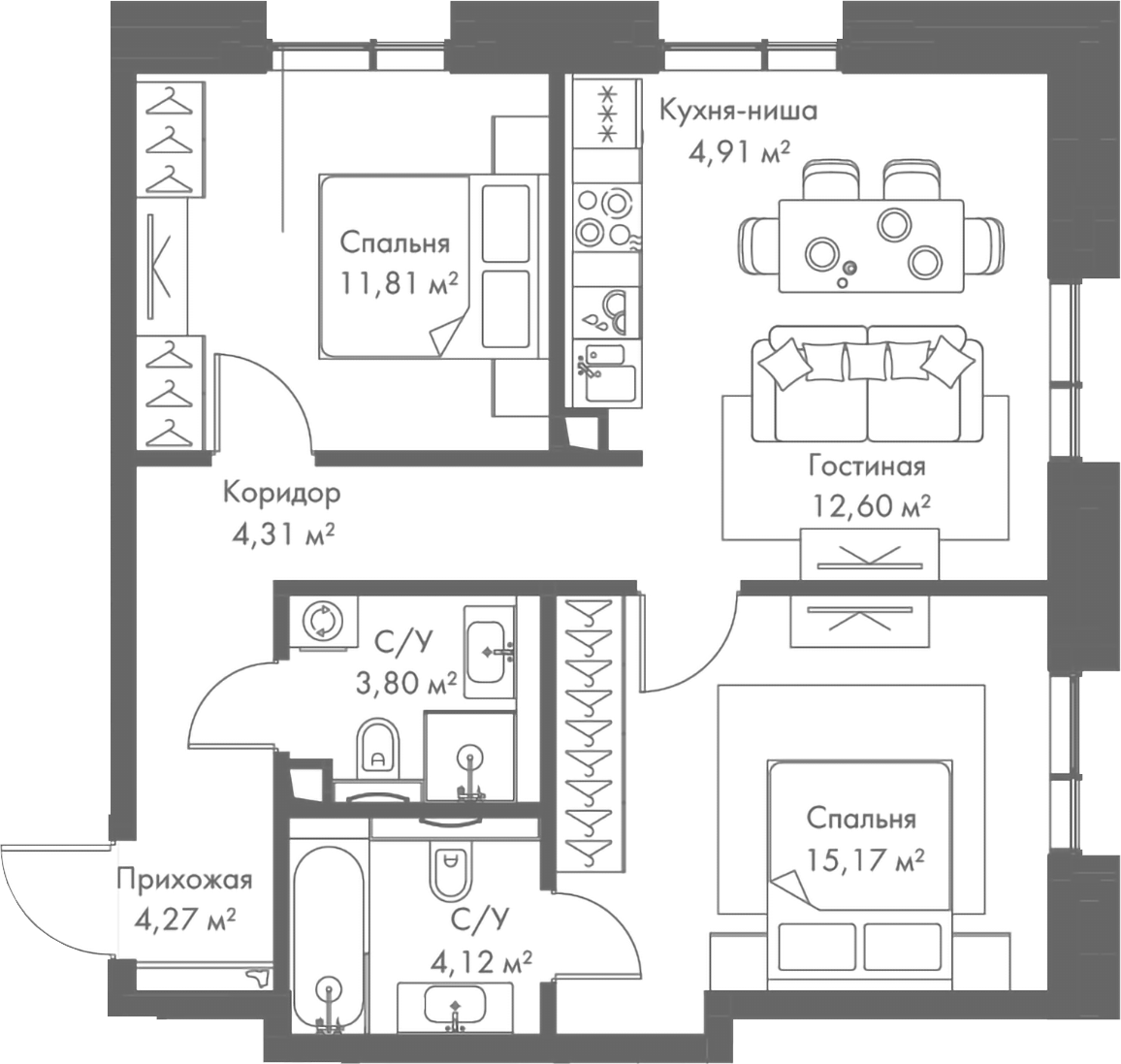Планировка — МИРА, 3-комн., 61 м²