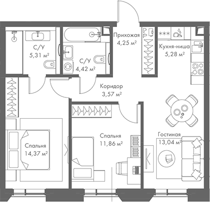 Планировка — МИРА, 3-комн., 62 м²