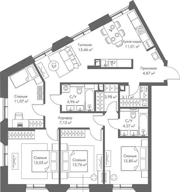 Планировка — МИРА, 5-комн., 106 м²