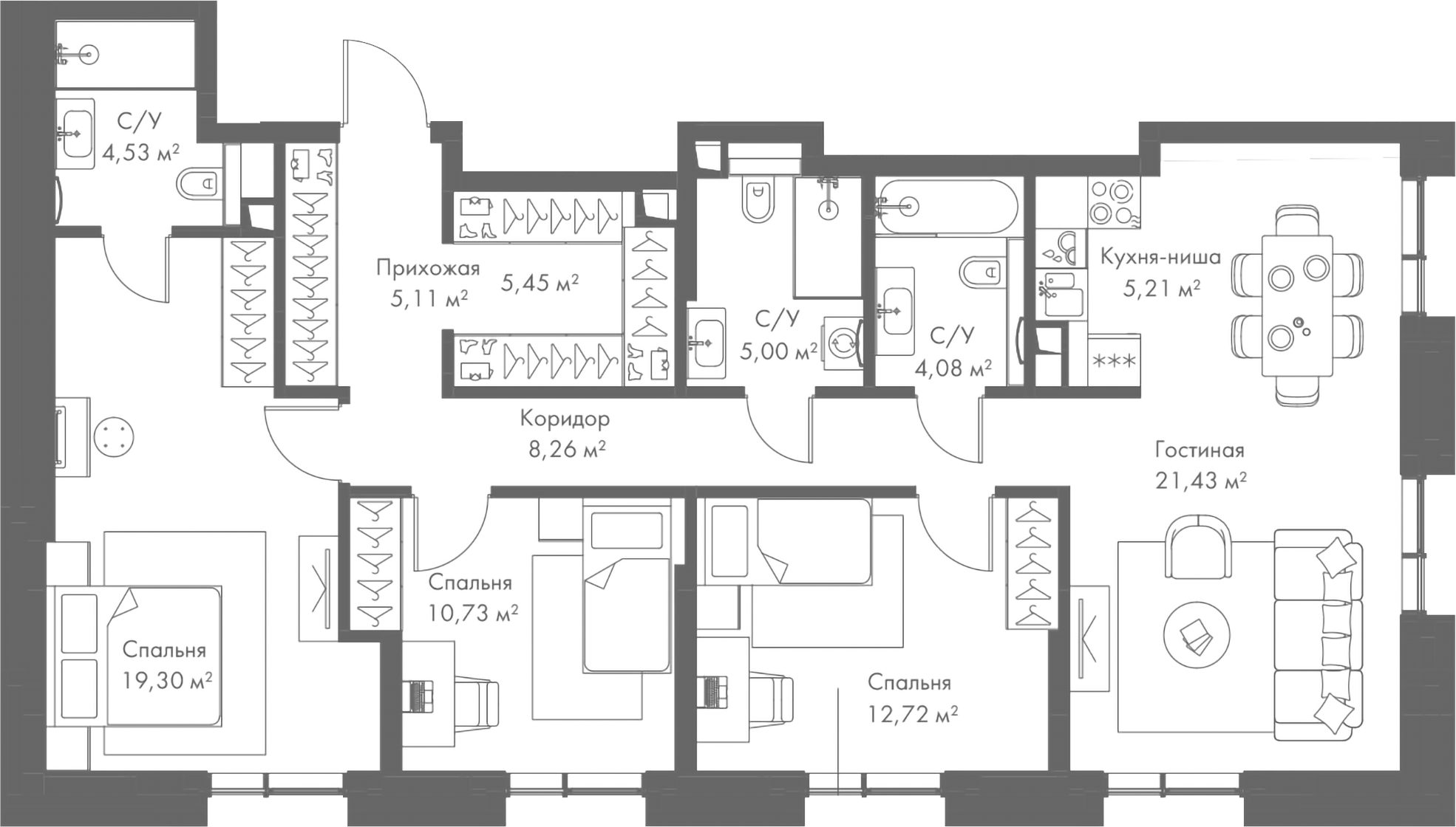 Планировка — МИРА, 4-комн., 102 м²