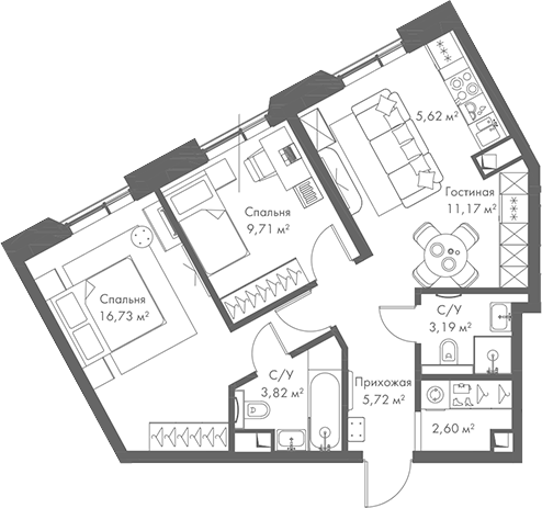 Планировка — МИРА, 3-комн., 59 м²
