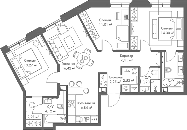 Планировка — МИРА, 4-комн., 88 м²