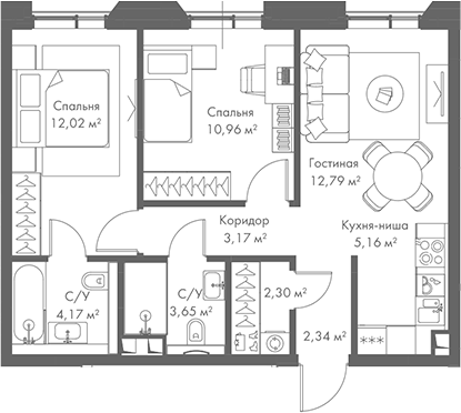 Планировка — МИРА, 3-комн., 57 м²