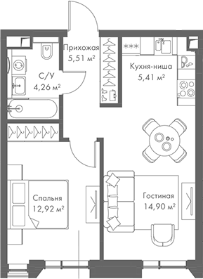 Планировка — МИРА, 2-комн., 43 м²