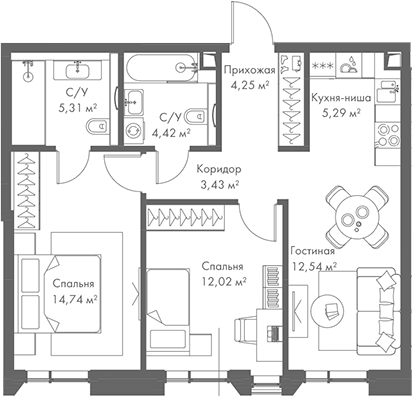 Планировка — МИРА, 3-комн., 62 м²