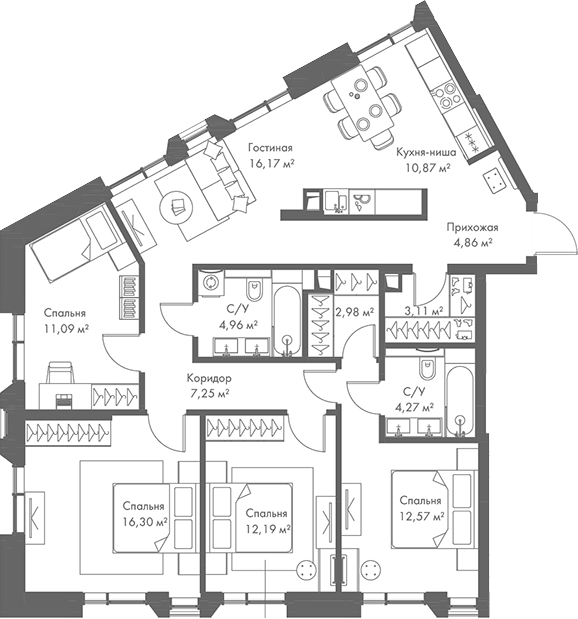 Планировка — МИРА, 5-комн., 107 м²