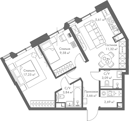 Планировка — МИРА, 3-комн., 59 м²