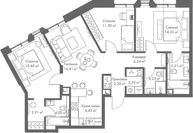 Планировка — МИРА, 4-комн., 89 м²