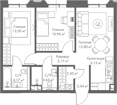 Планировка — МИРА, 3-комн., 57 м²
