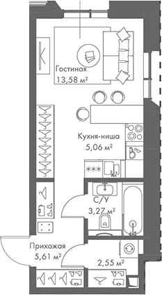Планировка — МИРА, Студия, 30 м²