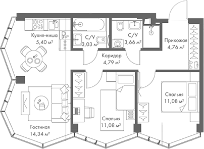 Планировка — МИРА, 3-комн., 58 м²