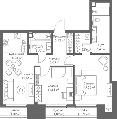 Планировка — МИРА, 3-комн., 66 м²
