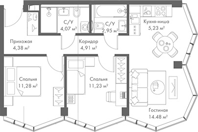 Планировка — МИРА, 3-комн., 59 м²