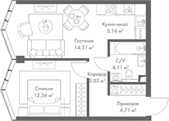 Планировка — МИРА, 2-комн., 43 м²