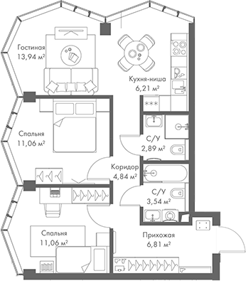 Планировка — МИРА, 3-комн., 60 м²