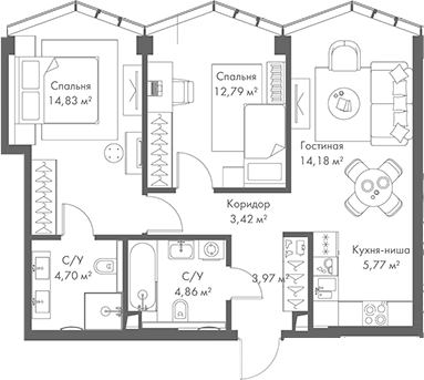 Планировка — МИРА, 3-комн., 65 м²