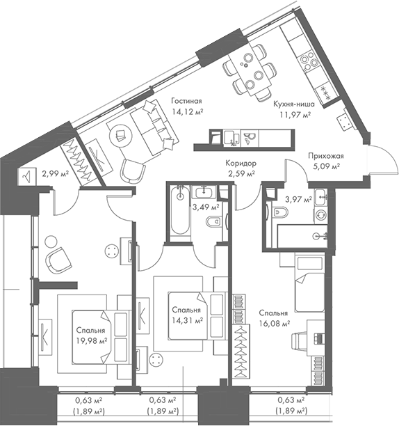 Планировка — МИРА, 4-комн., 95 м²