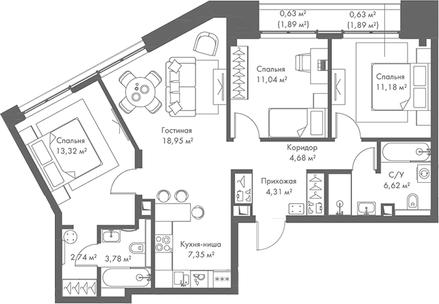 Планировка — МИРА, 4-комн., 84 м²