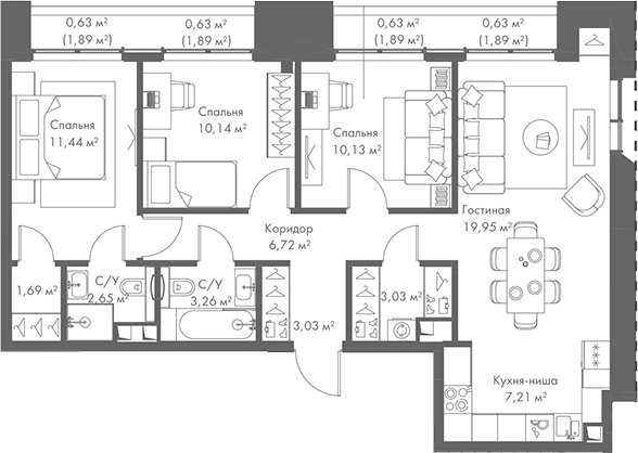 Планировка — МИРА, 4-комн., 79 м²