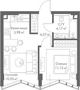 Планировка — МИРА, 2-комн., 36 м²