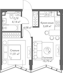 Планировка — МИРА, 2-комн., 36 м²