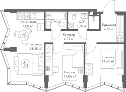Планировка — МИРА, 3-комн., 56 м²