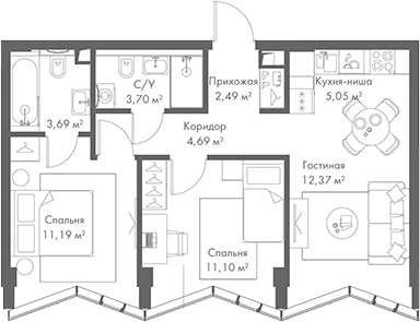 Планировка — МИРА, 3-комн., 54 м²