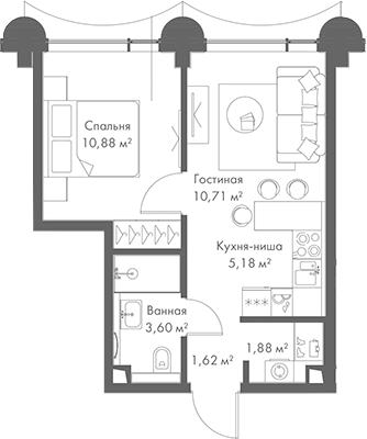 Планировка — МИРА, 2-комн., 34 м²