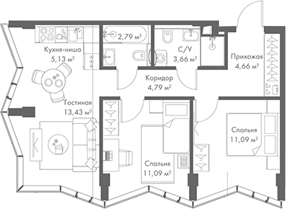 Планировка — МИРА, 3-комн., 57 м²