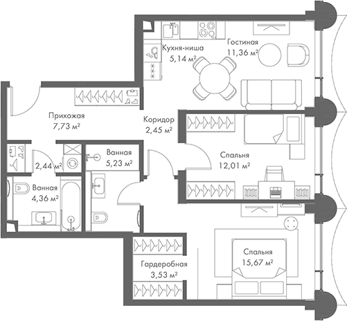Планировка — МИРА, 3-комн., 70 м²