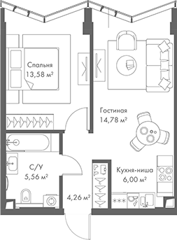 Планировка — МИРА, 2-комн., 44 м²