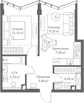 Планировка — МИРА, 2-комн., 46 м²