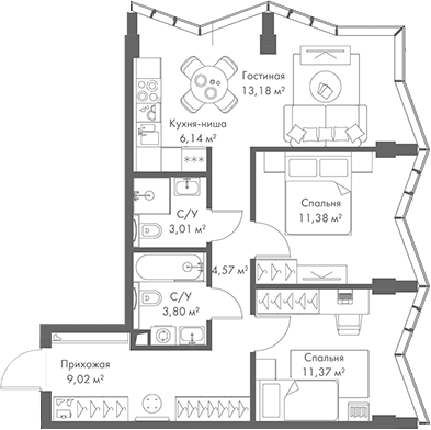 Планировка — МИРА, 3-комн., 62 м²