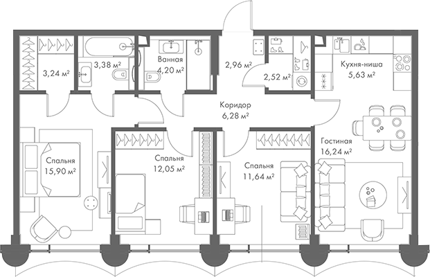 Планировка — МИРА, 4-комн., 84 м²