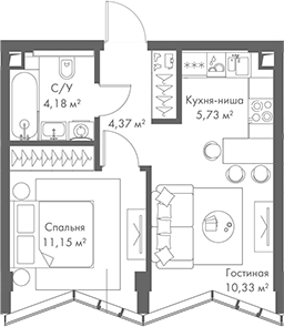 Планировка — МИРА, 2-комн., 36 м²